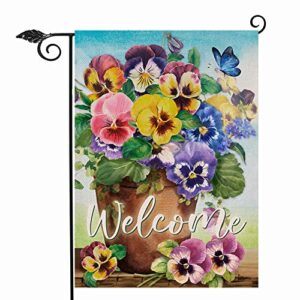 Hzppyz Welcome Spring Pansy Floral Garden Flag Double Sided, Flower Pot Arrangement Decorative House Yard Lawn Outdoor Small Decor, Summer Holiday Butterfly Farmhouse Home Outside Decorations 12 x 18