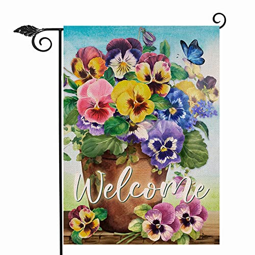 Hzppyz Welcome Spring Pansy Floral Garden Flag Double Sided, Flower Pot Arrangement Decorative House Yard Lawn Outdoor Small Decor, Summer Holiday Butterfly Farmhouse Home Outside Decorations 12 x 18