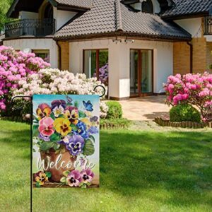 Hzppyz Welcome Spring Pansy Floral Garden Flag Double Sided, Flower Pot Arrangement Decorative House Yard Lawn Outdoor Small Decor, Summer Holiday Butterfly Farmhouse Home Outside Decorations 12 x 18