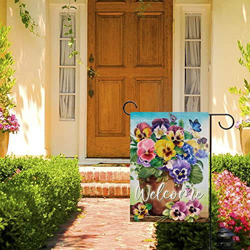 Hzppyz Welcome Spring Pansy Floral Garden Flag Double Sided, Flower Pot Arrangement Decorative House Yard Lawn Outdoor Small Decor, Summer Holiday Butterfly Farmhouse Home Outside Decorations 12 x 18