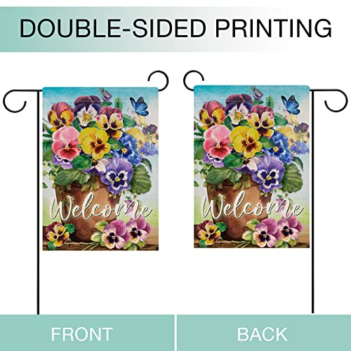 Hzppyz Welcome Spring Pansy Floral Garden Flag Double Sided, Flower Pot Arrangement Decorative House Yard Lawn Outdoor Small Decor, Summer Holiday Butterfly Farmhouse Home Outside Decorations 12 x 18