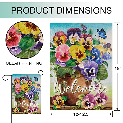 Hzppyz Welcome Spring Pansy Floral Garden Flag Double Sided, Flower Pot Arrangement Decorative House Yard Lawn Outdoor Small Decor, Summer Holiday Butterfly Farmhouse Home Outside Decorations 12 x 18