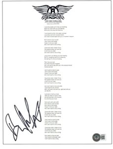 brad whitford aerosmith signed i don’t want to miss a thing lyric sheet bas coa