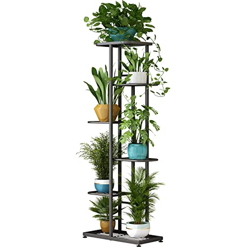 LINZINAR Plant Stand Metal 6 Tier 7 Potted Multiple Flower Pot Holder Shelf Indoor Outdoor Planter Display Shelving Unit for Patio Garden Corner Balcony Living Room Dark Grey