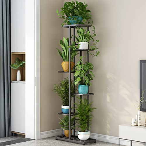 LINZINAR Plant Stand Metal 6 Tier 7 Potted Multiple Flower Pot Holder Shelf Indoor Outdoor Planter Display Shelving Unit for Patio Garden Corner Balcony Living Room Dark Grey