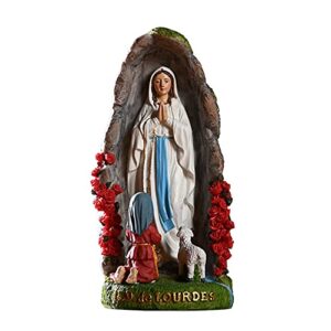 catholic our lady of lourdes statue 8 inch praying blessed virgin mother mary figure, grotto with saint bernadette and lamb statues, catholic religious home decor, outdoor garden statue (8 inch)