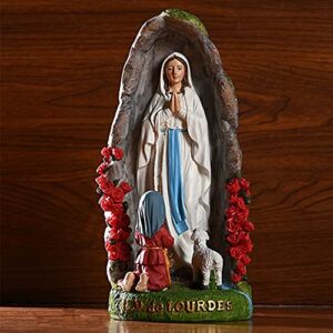 Catholic Our Lady of Lourdes Statue 8 Inch Praying Blessed Virgin Mother Mary Figure, Grotto with Saint Bernadette and Lamb Statues, Catholic Religious Home Decor, Outdoor Garden Statue (8 Inch)