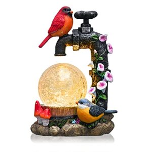 teresa’s collections bird garden decor with solar powered lights, resin bird outdoor statues figurine garden statue with crackle glass globe for porch patio lawn yard christmas decorations, 8.3 inch