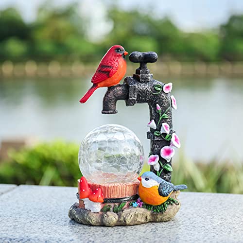 TERESA'S COLLECTIONS Bird Garden Decor with Solar Powered Lights, Resin Bird Outdoor Statues Figurine Garden Statue with Crackle Glass Globe for Porch Patio Lawn Yard Christmas Decorations, 8.3 inch