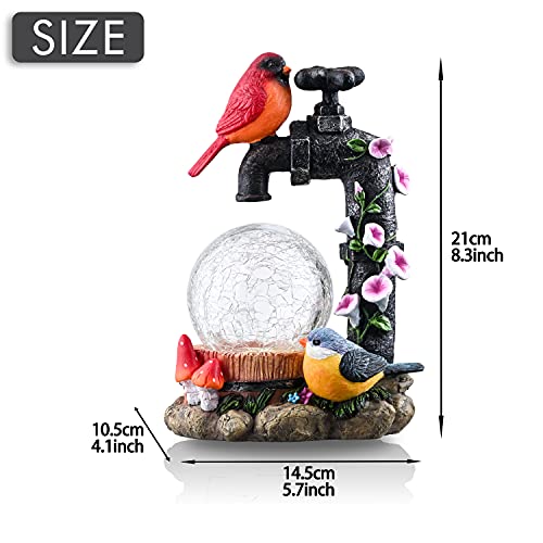 TERESA'S COLLECTIONS Bird Garden Decor with Solar Powered Lights, Resin Bird Outdoor Statues Figurine Garden Statue with Crackle Glass Globe for Porch Patio Lawn Yard Christmas Decorations, 8.3 inch