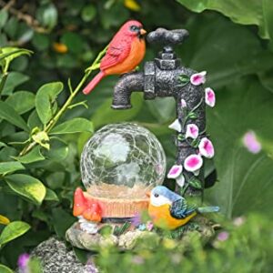 TERESA'S COLLECTIONS Bird Garden Decor with Solar Powered Lights, Resin Bird Outdoor Statues Figurine Garden Statue with Crackle Glass Globe for Porch Patio Lawn Yard Christmas Decorations, 8.3 inch