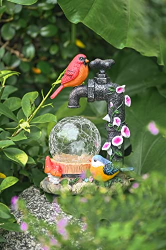 TERESA'S COLLECTIONS Bird Garden Decor with Solar Powered Lights, Resin Bird Outdoor Statues Figurine Garden Statue with Crackle Glass Globe for Porch Patio Lawn Yard Christmas Decorations, 8.3 inch