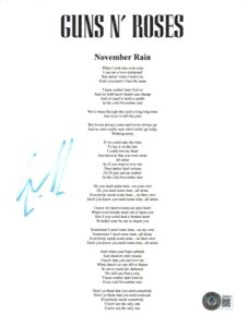 steven adler guns n roses signed november rain 8.5×11 lyric sheet beckett coa