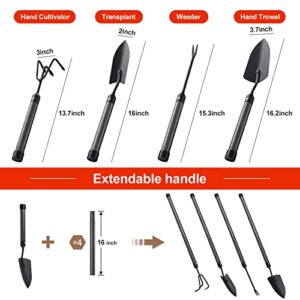 Garden Tools Set with Extension Handles, 5 Piece Thick Gardening Hand Tools, Heavy Duty Steel Rust-Proof Weeding Planting Tool Ideal Gardening Kit Gifts for Women and Men