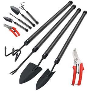 garden tools set with extension handles, 5 piece thick gardening hand tools, heavy duty steel rust-proof weeding planting tool ideal gardening kit gifts for women and men