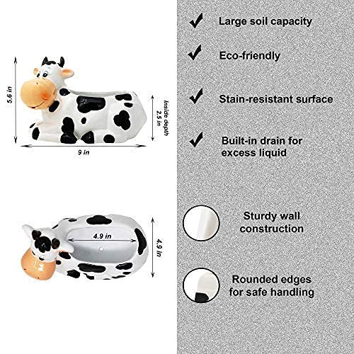 Sixdrop Cow Planter Pot - 9" - Cow Print Party Decoration - Cow Stuff Garden Backyard Flower Ceramic Succulent Planter - UFO Cow Theme Decoration La Vaca