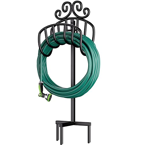 Amagabeli Garden Hose Holder Freestanding Holds 125ft Hose Detachable Rustproof Hose Stand Hanger Heavy Duty Metal Decorative Water Hose Storage with Ground Stakes for Outside Garden Lawn Black BG373