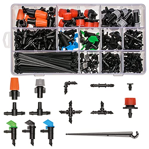 190 Pcs Barbed Connectors Irrigation Fittings Kit,Drip Irrigation Barbed Connectors 1/4''Tubing Fittings Kit for Flower Pot Garden Lawn(Straight Barbs,Single Barbs,Tees,Elbows,End Plug,4-Way Coupling)