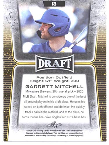 2020 Leaf Draft #13 Garrett Mitchell Milwaukee Brewers (1st Leaf Card) MLB Baseball Card (RC - Rookie Card) NM-MT