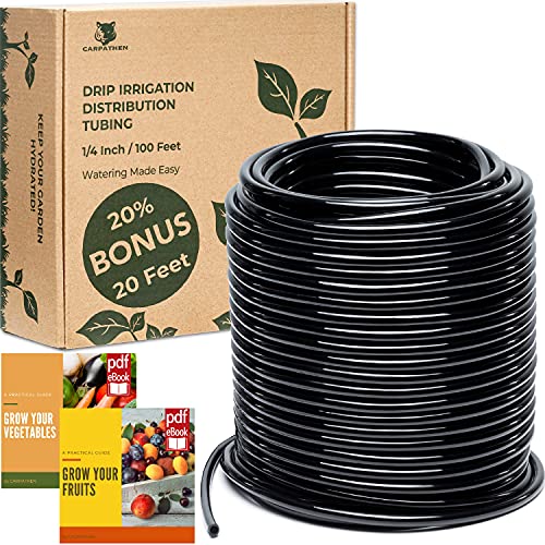 CARPATHEN 1/4 Drip Irrigation Tubing - 120 ft Black Drip Irrigation Hose Perfect for DIY Garden Irrigation System, Hydroponics, Misting Tubing, or as Blank Distribution Tubing for Any Garden Project