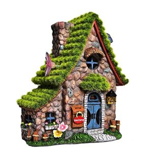 asawasa resin fairy house statues with solar powered lights, funny garden sculptures with flocked and cobblestone decor, exquisite garden cottage figurines