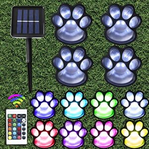 solar paw print lights,16 color changing outdoor pet lights with remote, set of 4 waterproof dog cat paw print keepsake for outdoor garden backyard patio decor – gift for pets lovers -multi color