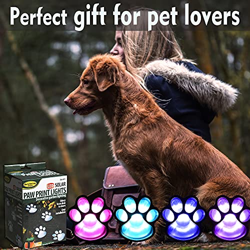 Solar Paw Print Lights,16 Color Changing Outdoor Pet Lights with Remote, Set of 4 Waterproof Dog Cat Paw Print Keepsake for Outdoor Garden Backyard Patio Decor - Gift for Pets Lovers -Multi Color