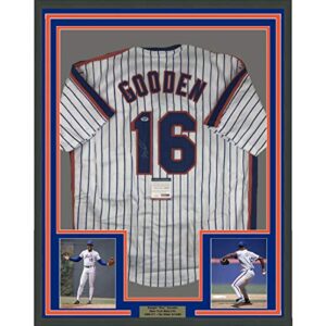 Framed Autographed/Signed Dwight Doc Gooden 33x42 New York Pinstripe Baseball Jersey PSA/DNA COA