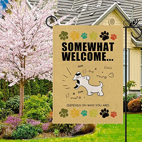 Funny Dog Garden Flag Somewhat Welcome Vertical Double Sided Farmhouse Outdoor Yard Decoration 12.5 x 18 Inch