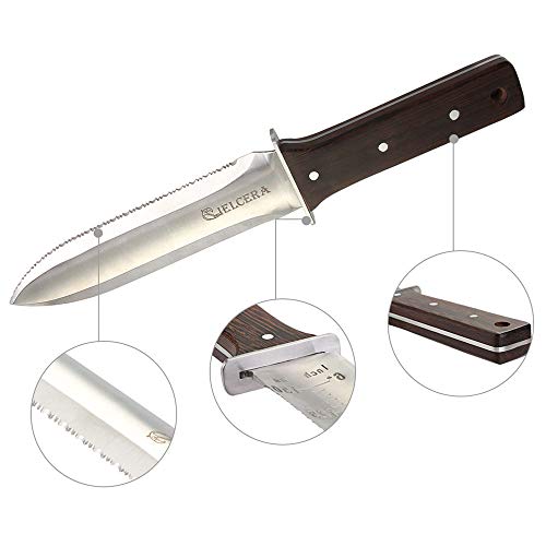 CIELCERA 12" Hori Hori Garden Knife with Free Diamond Sharpening Rod, Stainless Steel Blade with Protective Handguard and Full Tang Handle, Comes with Thick Sheath and Gift Box