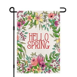 Hello Spring Floral Garden Flag 12x18 Inch Double Sided Burlap Outside, Seasonal Yard Farmhouse Outdoor Decor DF230