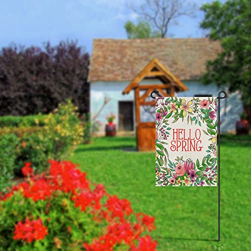 Hello Spring Floral Garden Flag 12x18 Inch Double Sided Burlap Outside, Seasonal Yard Farmhouse Outdoor Decor DF230