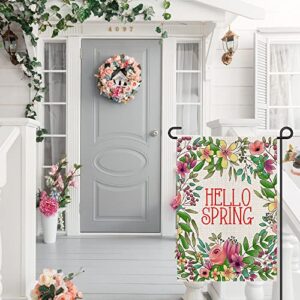 Hello Spring Floral Garden Flag 12x18 Inch Double Sided Burlap Outside, Seasonal Yard Farmhouse Outdoor Decor DF230