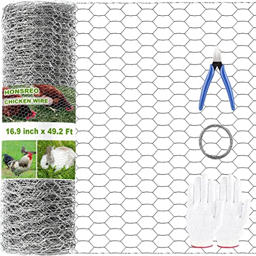 HONSREO Chicken Wire Fencing 16.9 Inch x 49.2 Ft, Poultry Wire Netting 0.6 Inch Hexagonal Galvanized Floral Fence Mesh for Pet Rabbit Coop