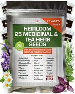 set of 25 medicinal herbs and herbal tea garden seed collection – assorted culinary herb seeds variety pack including lavender, chamomile, thyme, oregano, marjoram, and more