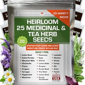 Set of 25 Medicinal Herbs and Herbal Tea Garden Seed Collection - Assorted Culinary Herb Seeds Variety Pack Including Lavender, Chamomile, Thyme, Oregano, Marjoram, and More