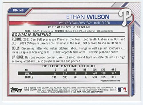 2021 Bowman Draft #BD-140 Ethan Wilson RC Rookie Philadelphia Phillies MLB Baseball Trading Card