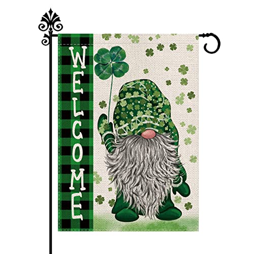 St Patricks Day Garden Flag Green Gnome Shamrocks Vertical Double Sided Burlap Flag Welcome St.Patrick's Day Holiday Yard Outdoor Decor 12.5 x 18 Inch