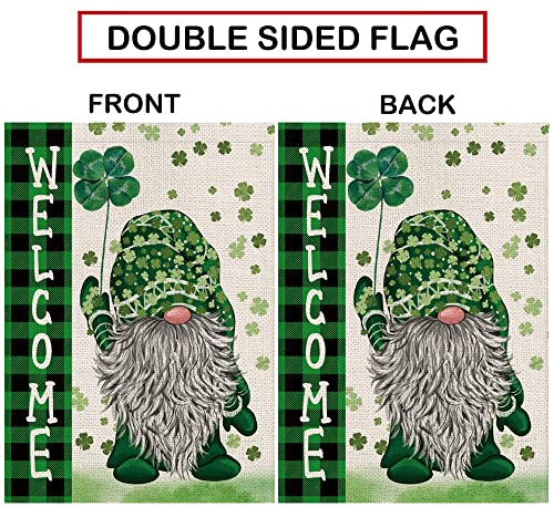 St Patricks Day Garden Flag Green Gnome Shamrocks Vertical Double Sided Burlap Flag Welcome St.Patrick's Day Holiday Yard Outdoor Decor 12.5 x 18 Inch