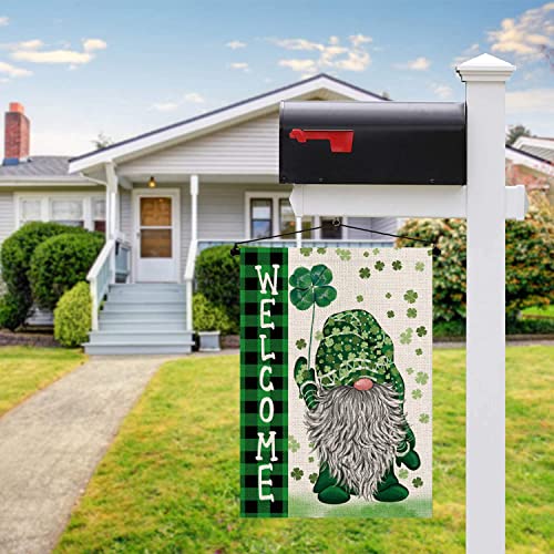 St Patricks Day Garden Flag Green Gnome Shamrocks Vertical Double Sided Burlap Flag Welcome St.Patrick's Day Holiday Yard Outdoor Decor 12.5 x 18 Inch