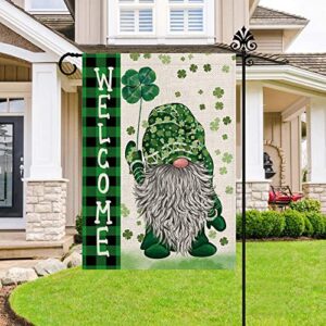 St Patricks Day Garden Flag Green Gnome Shamrocks Vertical Double Sided Burlap Flag Welcome St.Patrick's Day Holiday Yard Outdoor Decor 12.5 x 18 Inch