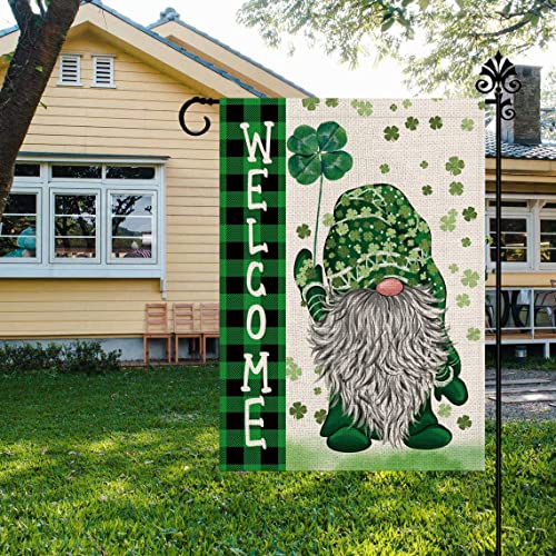 St Patricks Day Garden Flag Green Gnome Shamrocks Vertical Double Sided Burlap Flag Welcome St.Patrick's Day Holiday Yard Outdoor Decor 12.5 x 18 Inch