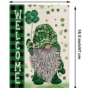 St Patricks Day Garden Flag Green Gnome Shamrocks Vertical Double Sided Burlap Flag Welcome St.Patrick's Day Holiday Yard Outdoor Decor 12.5 x 18 Inch