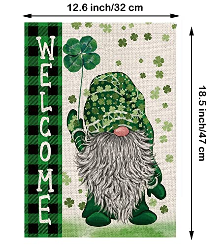 St Patricks Day Garden Flag Green Gnome Shamrocks Vertical Double Sided Burlap Flag Welcome St.Patrick's Day Holiday Yard Outdoor Decor 12.5 x 18 Inch