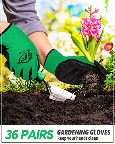 Honeydak 36 Pairs Gardening Gloves for Men Women Breathable Rubber Coated Garden Gloves Men Safety Work Gloves (Black, Green)