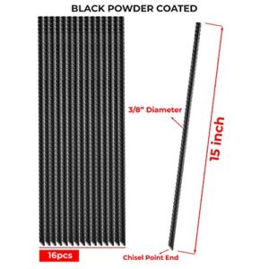 NHZ 15” Ground Rebar Stakes (16pcs) Heavy Duty Hook Ground Anchors, Steel Plant Support Garden Stake with Chisel Point end, Hammer Through Hard Soil for Camping Tent - Black Powder Coated (16)