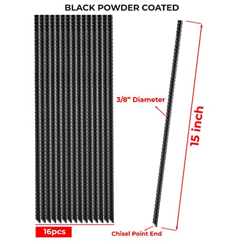 NHZ 15” Ground Rebar Stakes (16pcs) Heavy Duty Hook Ground Anchors, Steel Plant Support Garden Stake with Chisel Point end, Hammer Through Hard Soil for Camping Tent - Black Powder Coated (16)