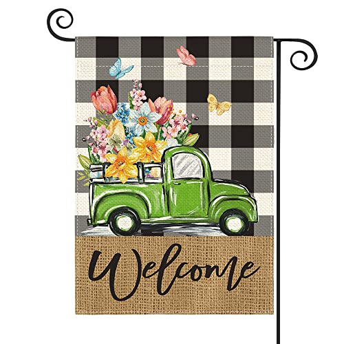 AVOIN colorlife Welcome Spring Floral Garden Flag 12x18 Inch Double Sided Outside, Buffalo Plaid Truck Flower Seasonal Yard Outdoor Flag