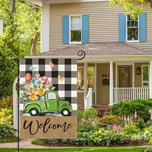 AVOIN colorlife Welcome Spring Floral Garden Flag 12x18 Inch Double Sided Outside, Buffalo Plaid Truck Flower Seasonal Yard Outdoor Flag