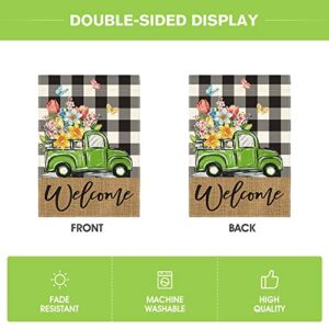 AVOIN colorlife Welcome Spring Floral Garden Flag 12x18 Inch Double Sided Outside, Buffalo Plaid Truck Flower Seasonal Yard Outdoor Flag